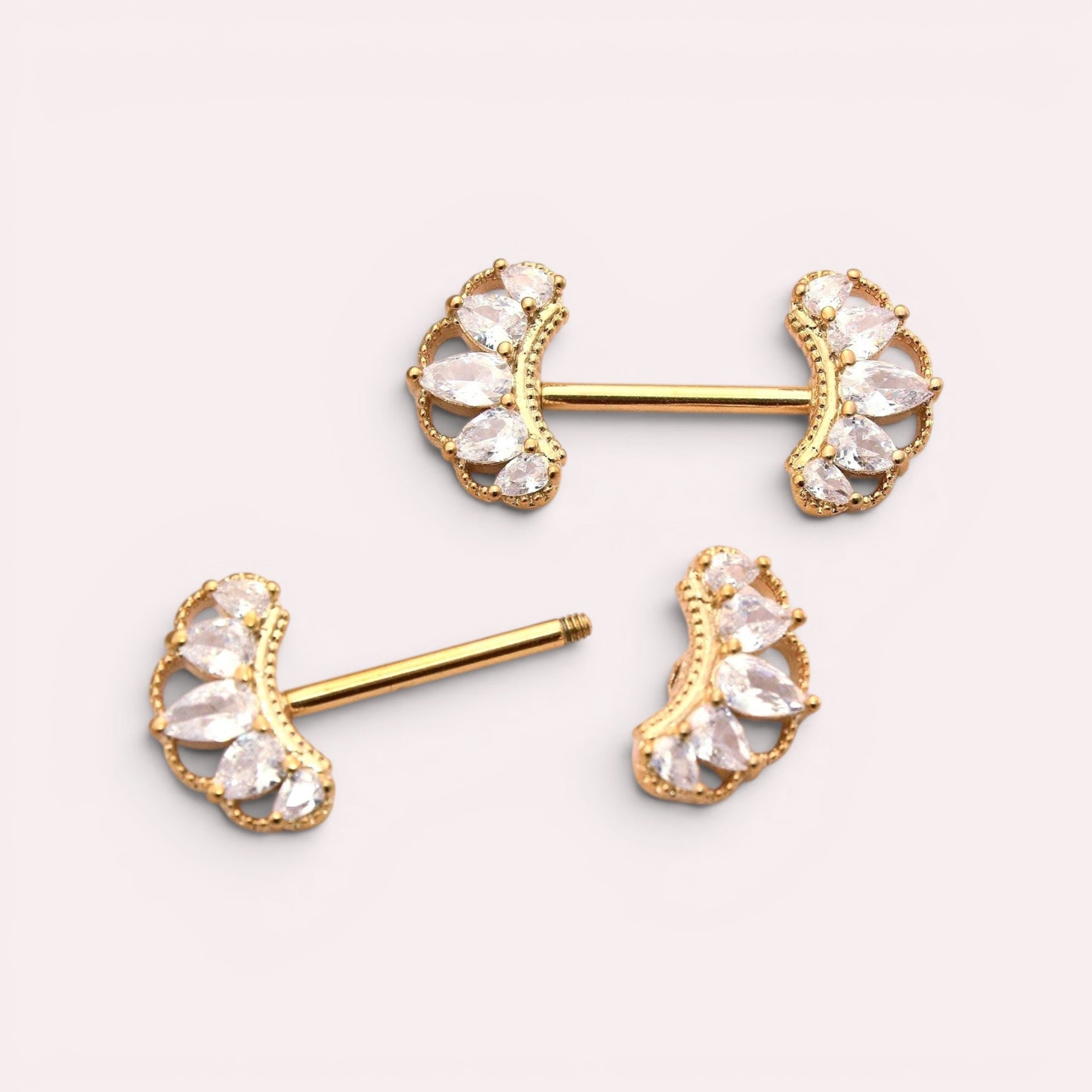 MKBodyJewelry gold marquise leaf CZ paved nipple barbell, surgical steel, 14g