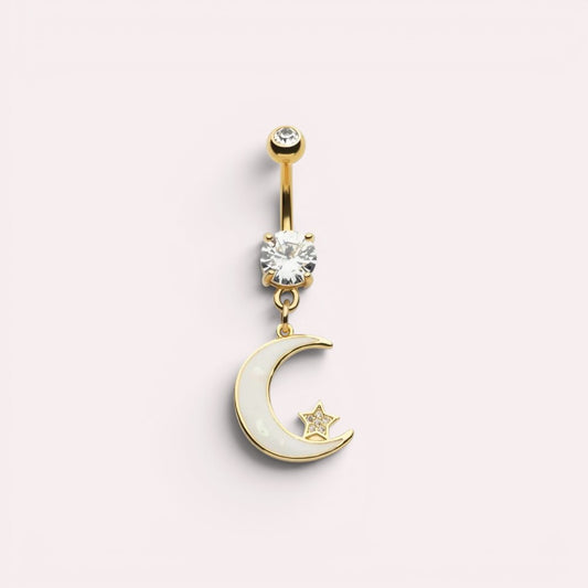 MKBodyJewelry gold stainless steel dangling moon belly button ring with a white crescent and small star charm.