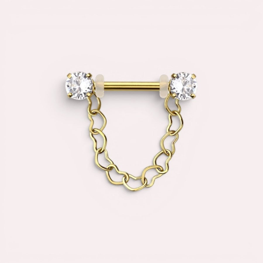 MKBodyJewelry gold 14g surgical steel nipple barbell with dangling heart chain and CZ prong ends.