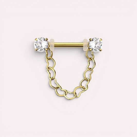 MKBodyJewelry gold 14g surgical steel nipple barbell with dangling heart chain and CZ prong ends.