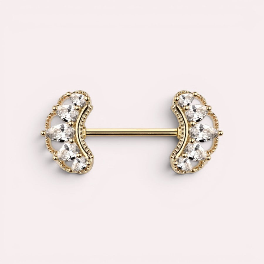 MKBodyJewelry 14g gold nipple barbell with paved CZ marquise leaf gems. Sold as a pair.