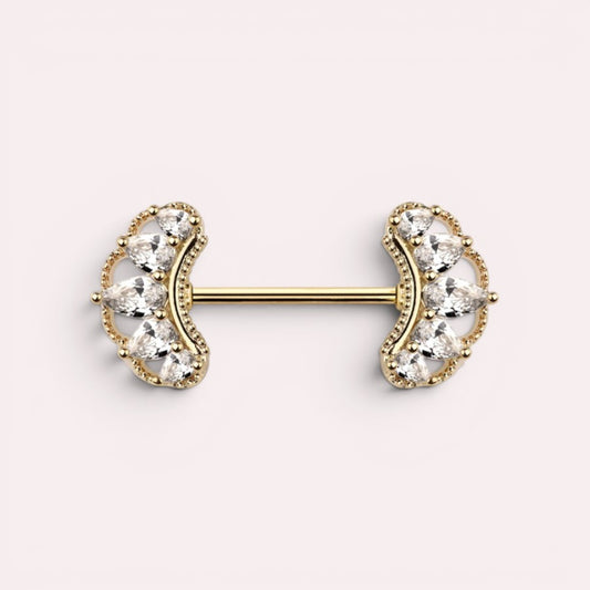 MKBodyJewelry 14g gold nipple barbell with paved CZ marquise leaf gems. Sold as a pair.