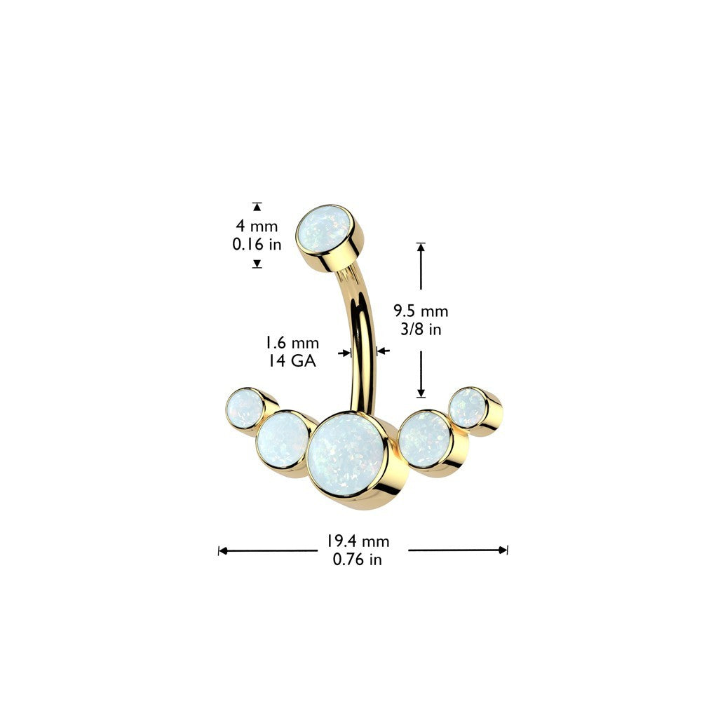 MKBodyJewelry gold titanium floating navel ring with five white opal stones and detailed measurement specifications.