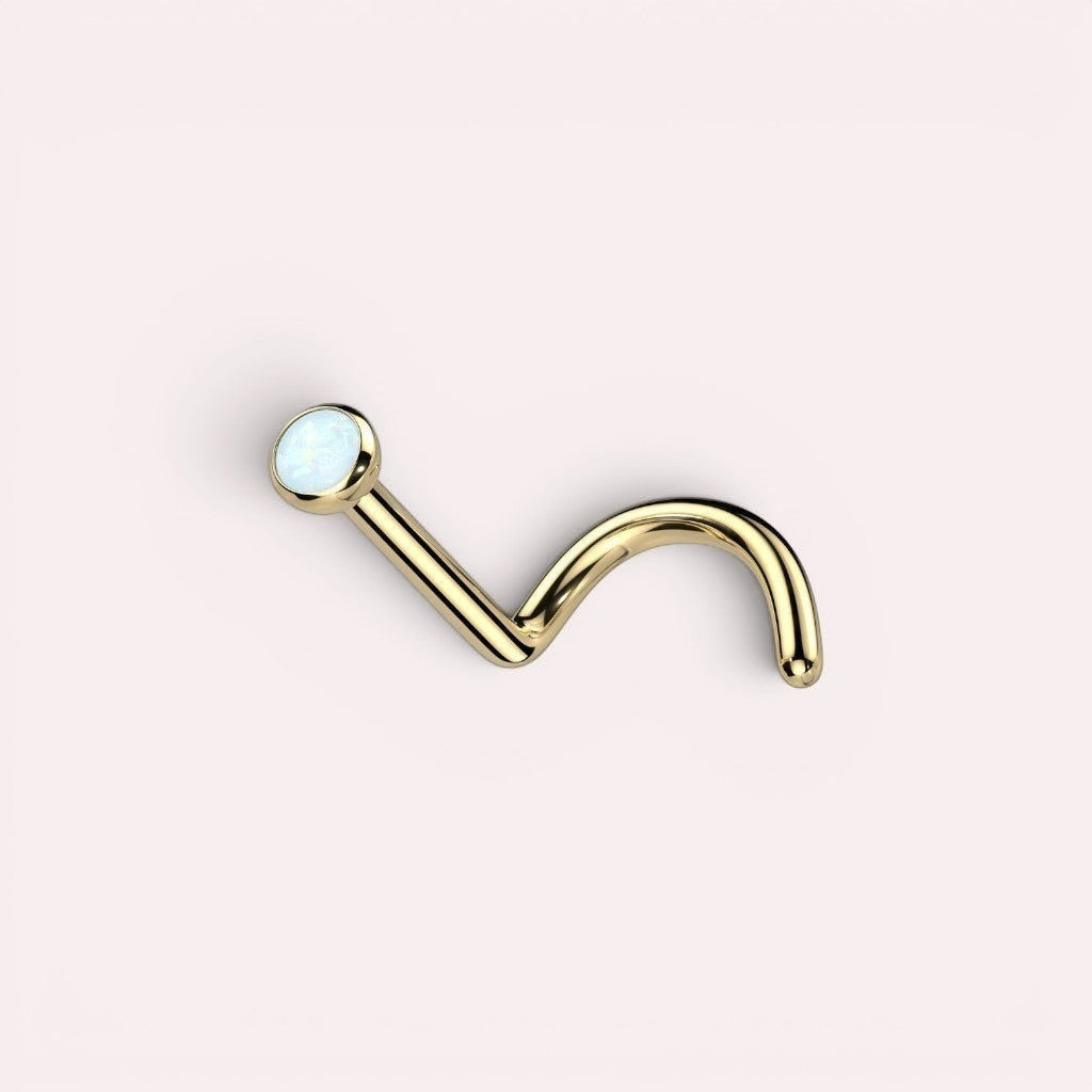 MKBodyJewelry gold titanium nose screw with a 2.5mm round opal gem for sensitive skin