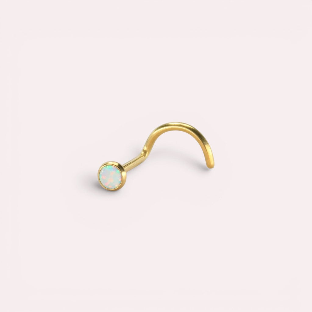 MKBodyJewelry gold titanium nose screw featuring a 2.5mm round opal gemstone for a secure and elegant piercing.