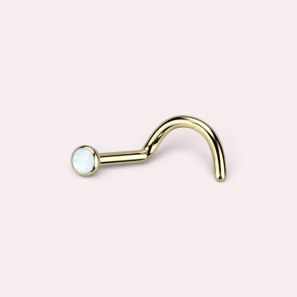 MKBodyJewelry gold titanium nose screw with a 2.5mm round opal gem for sensitive skin