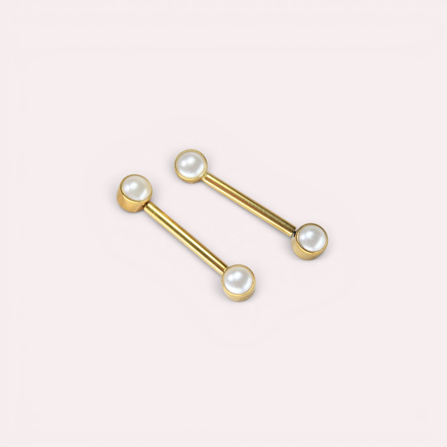 MKBodyJewelry 14g gold titanium threadless nipple barbells with 5mm pearl ends, hypoallergenic and nickel-free.