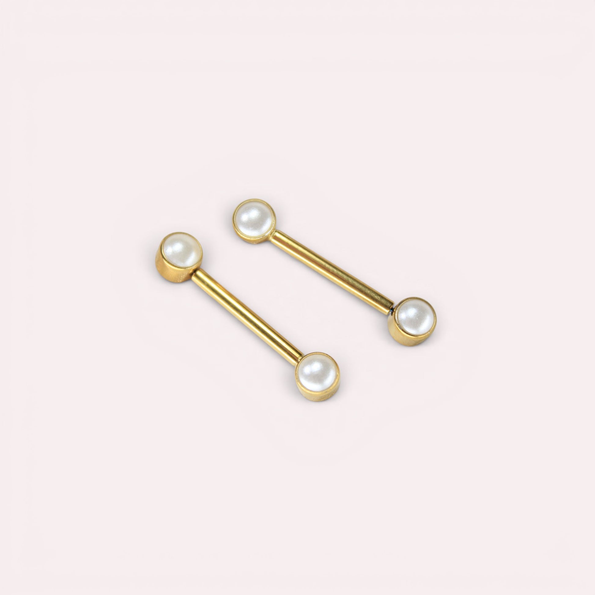 MKBodyJewelry 14g gold titanium threadless nipple barbells with 5mm pearl ends, hypoallergenic and nickel-free.