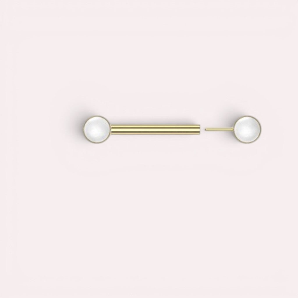 MKBodyJewelry 14g gold titanium threadless nipple barbell with 5mm pearl ends, hypoallergenic and nickel-free.