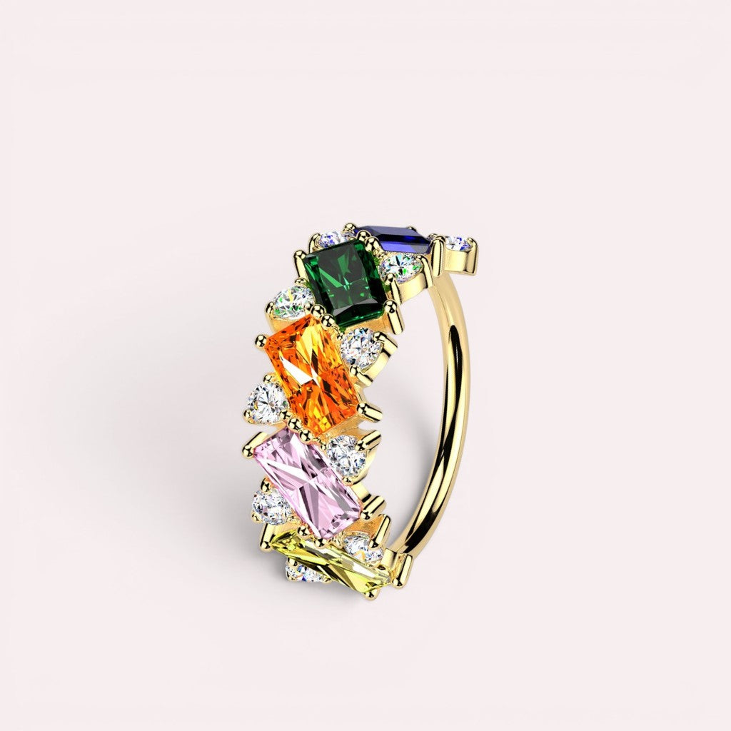 MKBodyJewelry 20g gold nose hoop with rainbow baguette cubic zirconia stones and clear accent crystals