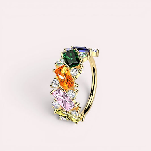 MKBodyJewelry 20g gold nose hoop with rainbow baguette cubic zirconia stones and clear accent crystals