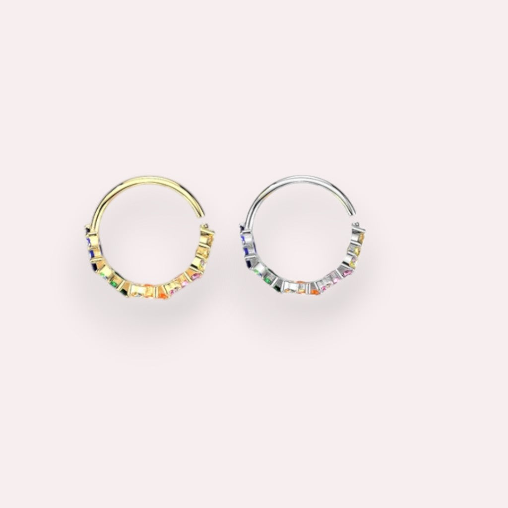 MKBodyJewelry 20g gold nose hoop with rainbow baguette cubic zirconia stones in surgical steel.