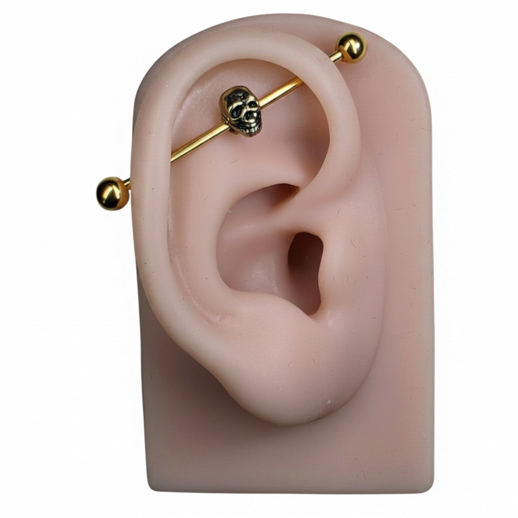 MKBodyJewelry 14G gold surgical steel industrial barbell with a detailed skull charm on a silicone ear model