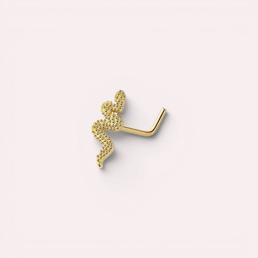 MKBodyJewelry 20g gold snake nose stud in surgical steel with an L bend post for a secure minimalist fit.