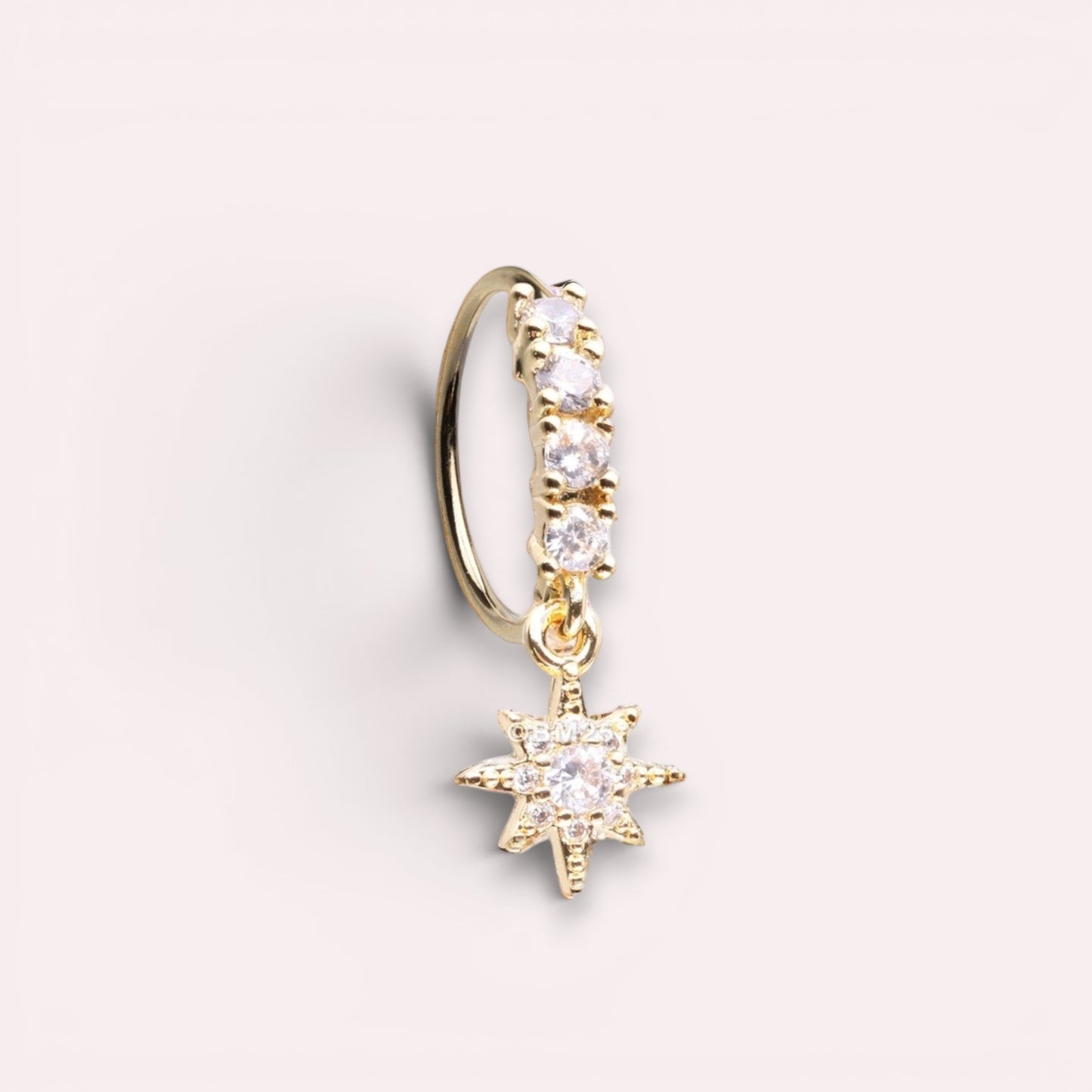 MKBodyJewelry 20g gold surgical steel nose hoop with CZ crystals and a dangling star charm for nose or cartilage.