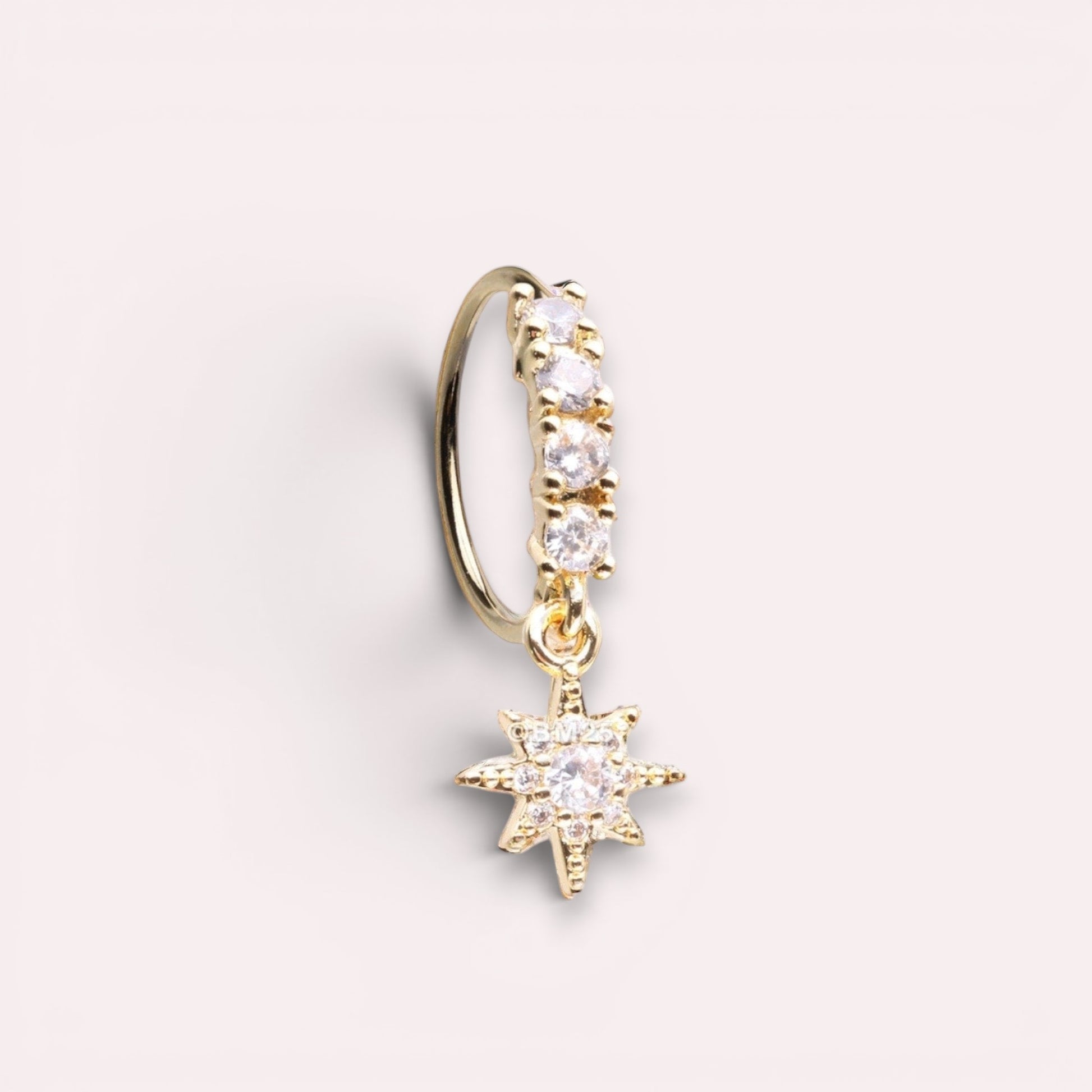 MKBodyJewelry 20g gold surgical steel nose hoop with CZ crystals and a dangling star charm for nose or cartilage.
