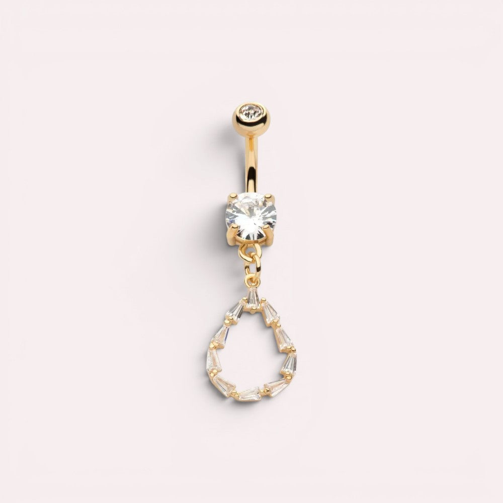 MKBodyJewelry 14G gold surgical steel belly button ring with a dangling teardrop baguette CZ stone charm.
