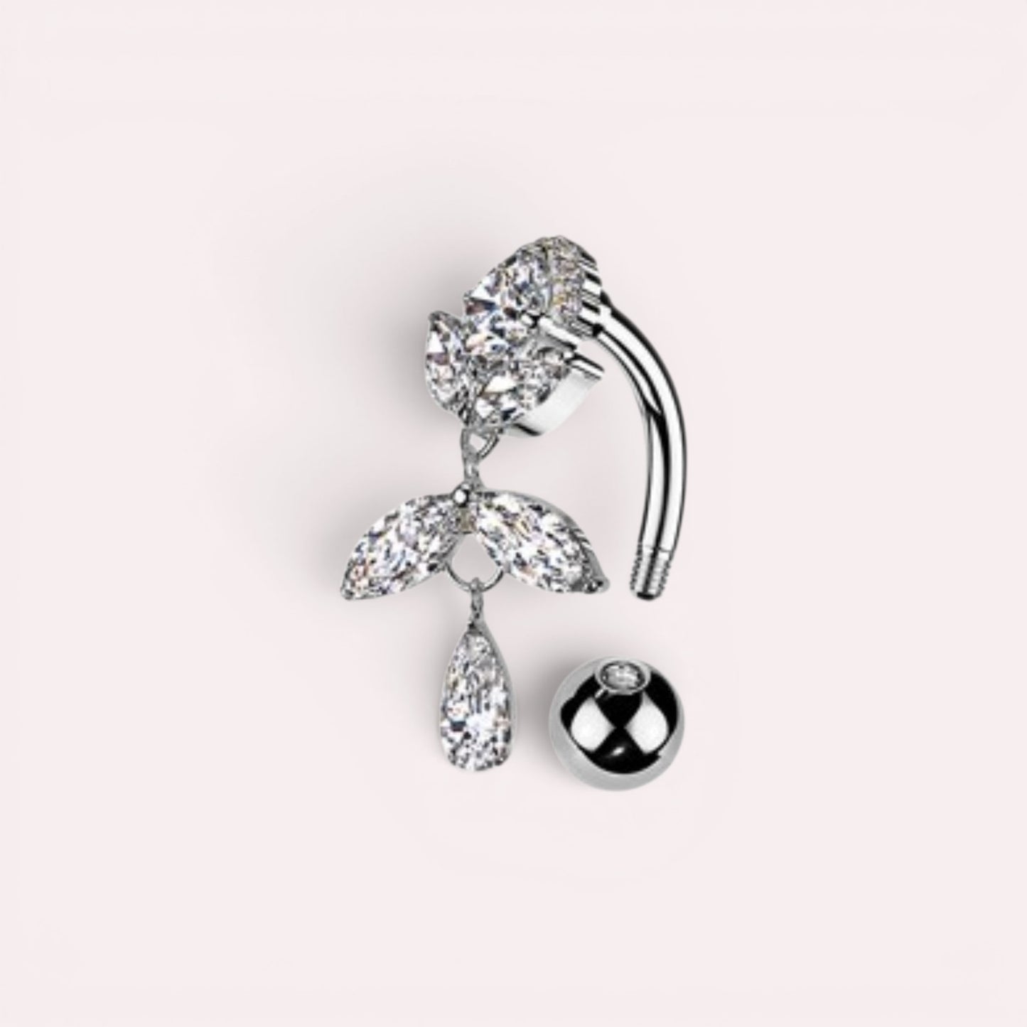 MKBodyJewelry gold titanium inverted floral belly button ring with clear CZ stones, 14G gauge, 10mm bar.