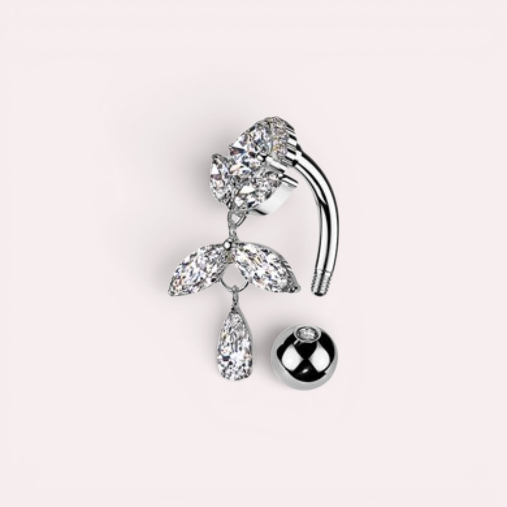 MKBodyJewelry gold titanium inverted floral belly button ring with clear CZ stones, 14G gauge, 10mm bar.