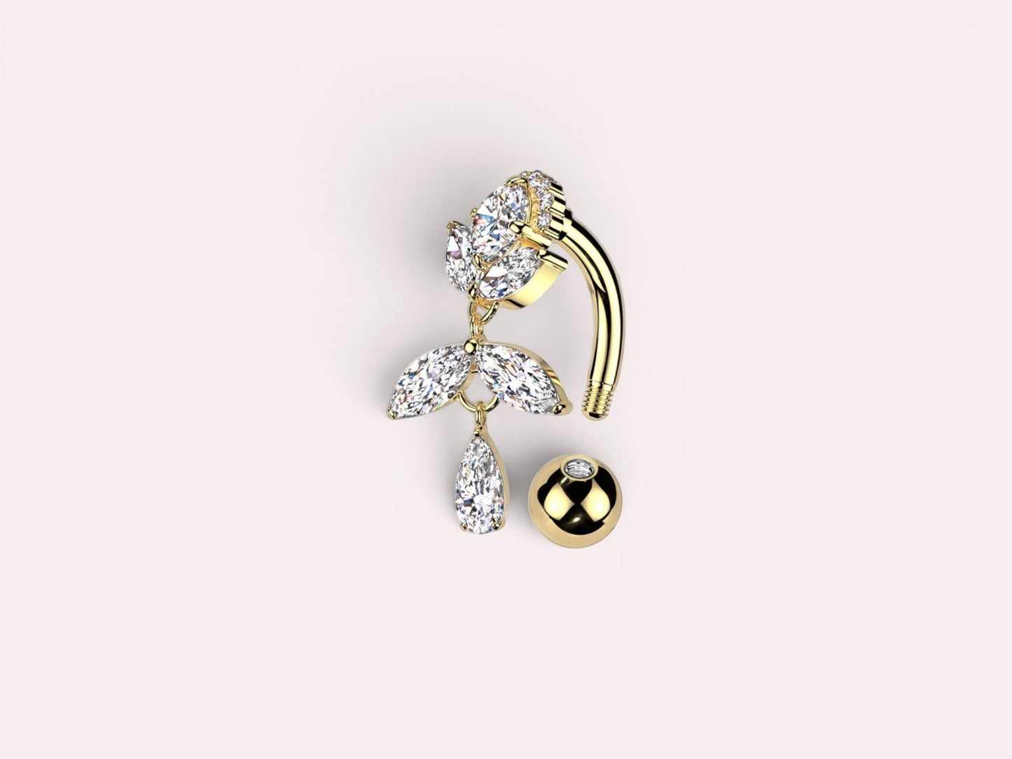 MKBodyJewelry gold titanium inverted floral belly button ring with CZ stones and a dangling teardrop.