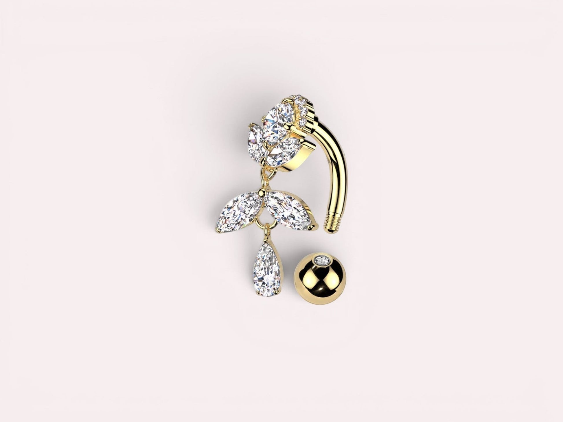 MKBodyJewelry gold titanium inverted floral belly button ring with CZ stones and a dangling teardrop.