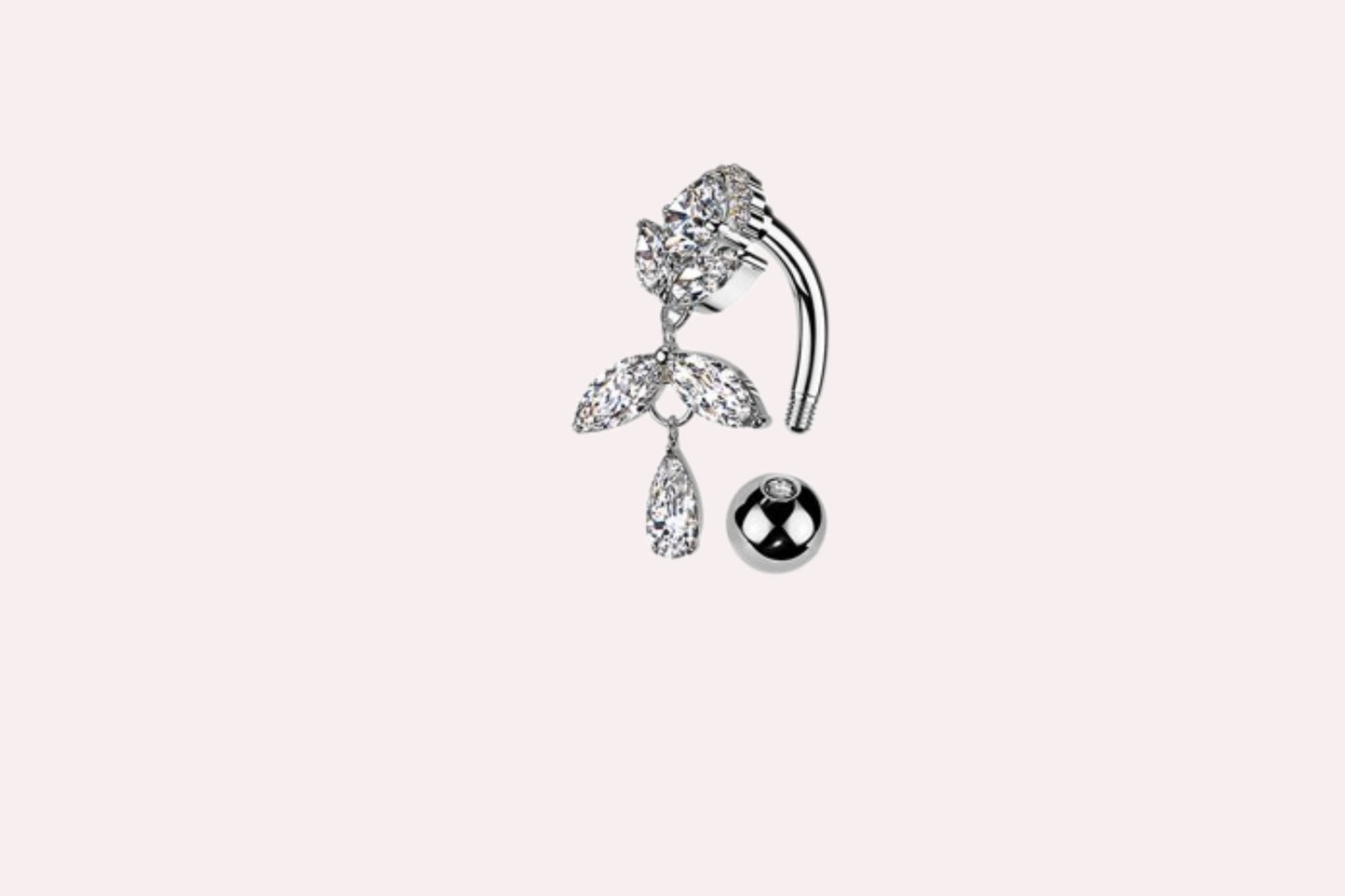 MKBodyJewelry gold titanium inverted floral belly button ring with clear CZ stones, 14G gauge, 10mm bar.