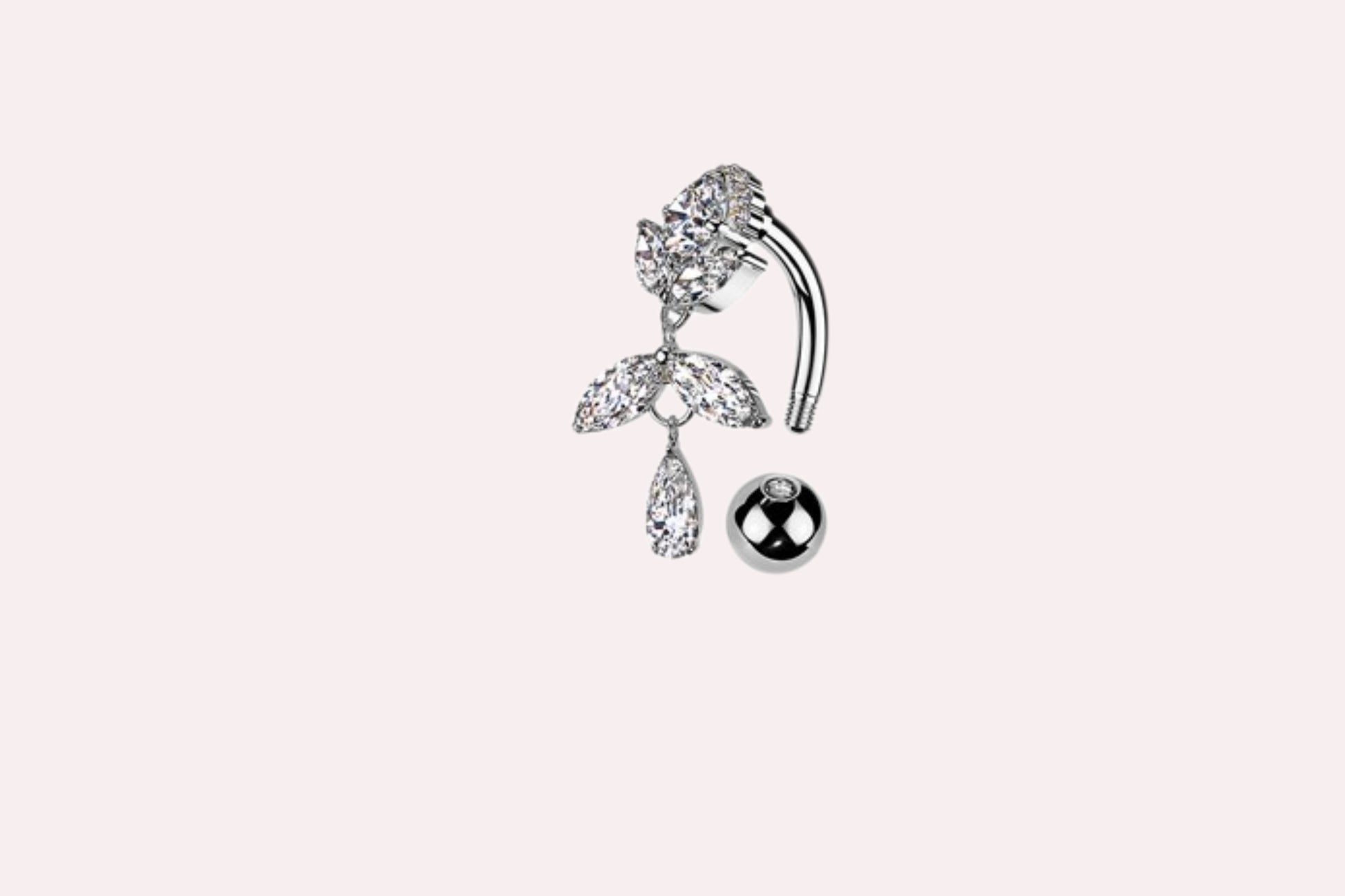 MKBodyJewelry gold titanium inverted floral belly button ring with clear CZ stones, 14G gauge, 10mm bar.