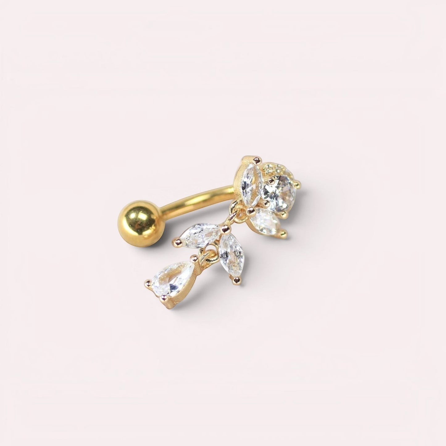MKBodyJewelry gold titanium inverted floral belly button ring with clear CZ stones and a dangling teardrop.