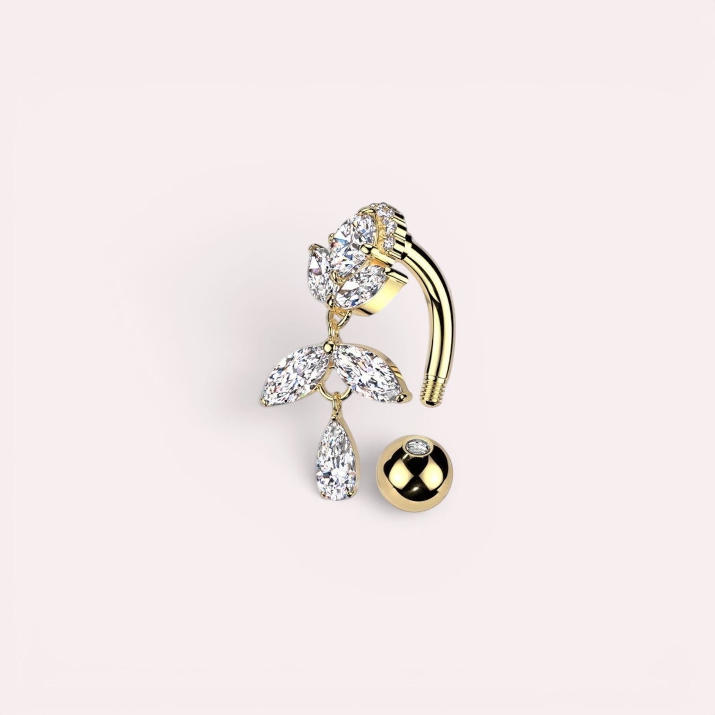 MKBodyJewelry gold titanium inverted floral belly button ring with CZ stones and a dangling teardrop.