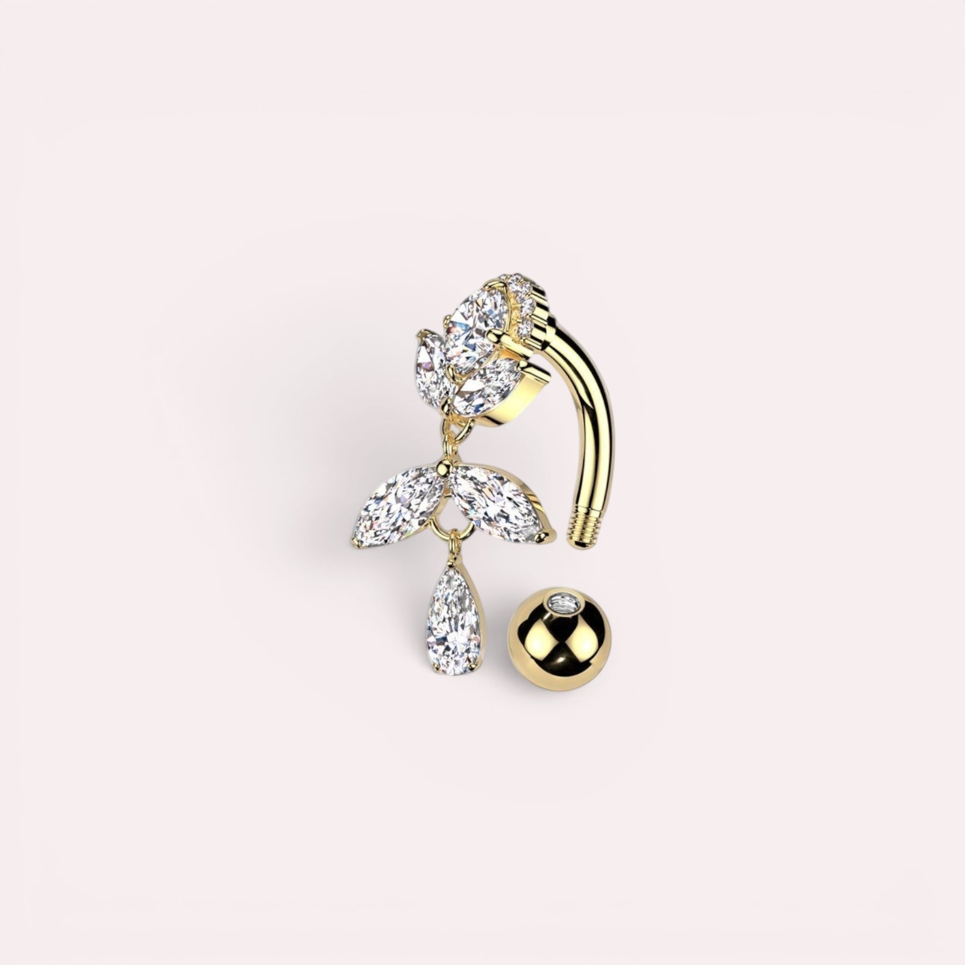 MKBodyJewelry gold titanium inverted floral belly button ring with CZ stones and a dangling teardrop.