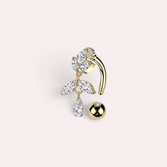 MKBodyJewelry gold titanium inverted floral belly button ring with CZ stones and a dangling teardrop.