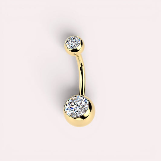 MKBodyJewelry gold-tone titanium belly button ring with two sparkling CZ jewels in a sleek internally threaded design