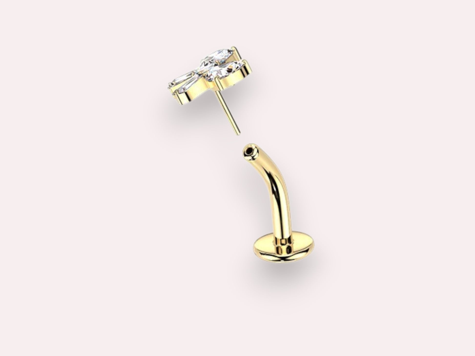 MKBodyJewelry gold titanium threadless bow belly ring with clear crystals. 14G, 10mm barbell.