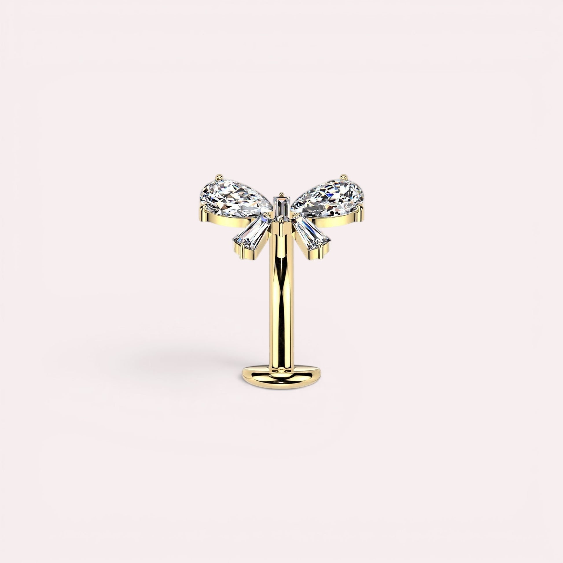 MKBodyJewelry gold titanium threadless bow belly ring with clear crystals. 14G, 10mm barbell.