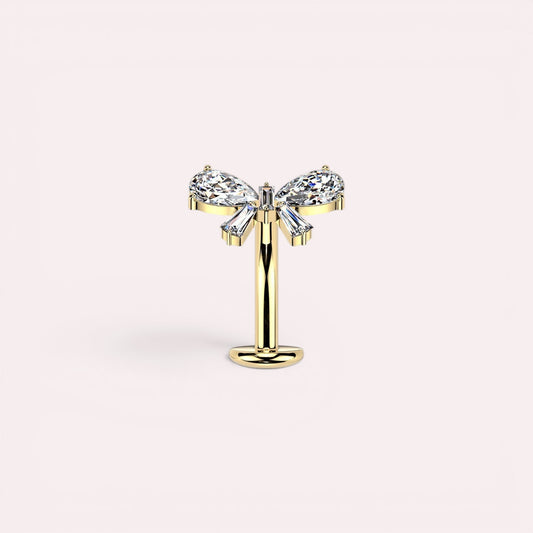 MKBodyJewelry gold titanium threadless bow belly ring with clear crystals. 14G, 10mm barbell.