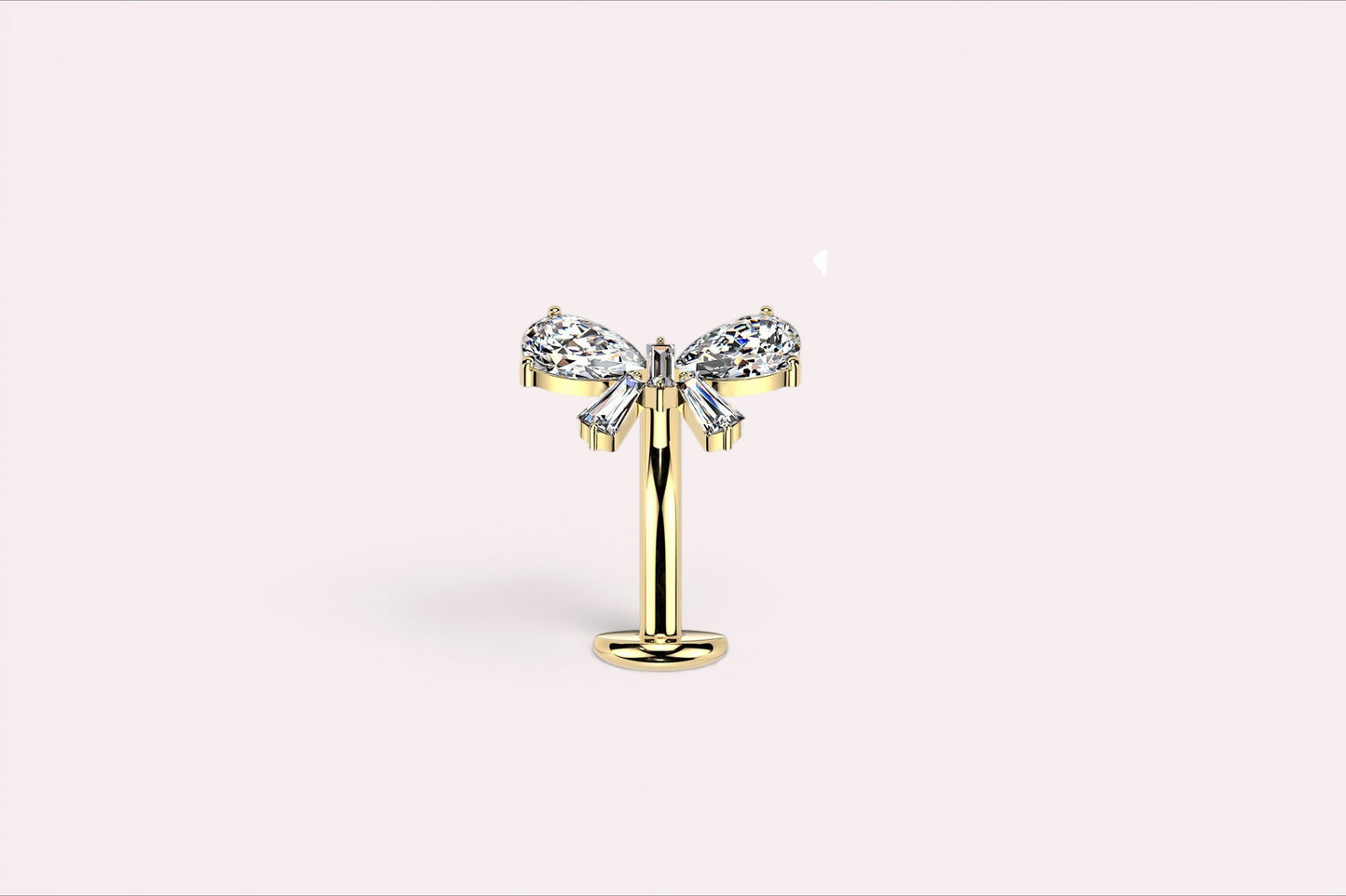 MKBodyJewelry gold titanium threadless bow belly ring with clear cubic zirconia. 14G, 10mm barbell.