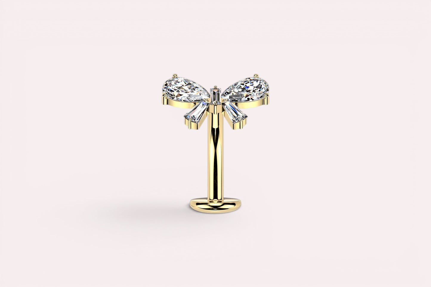 MKBodyJewelry gold titanium threadless bow belly ring with clear cubic zirconia. 14G, 10mm barbell.