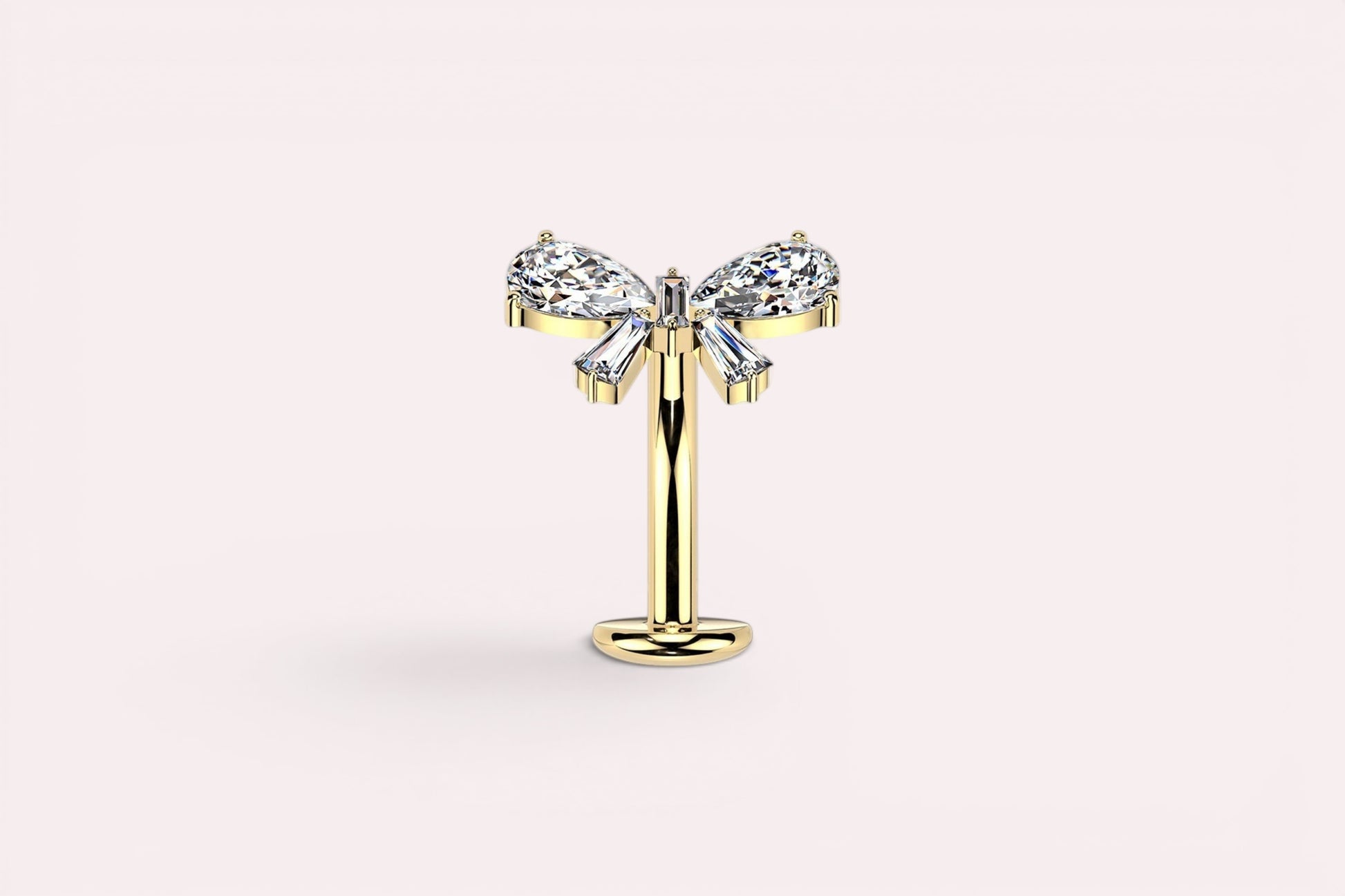 MKBodyJewelry gold titanium threadless bow belly ring with clear cubic zirconia. 14G, 10mm barbell.