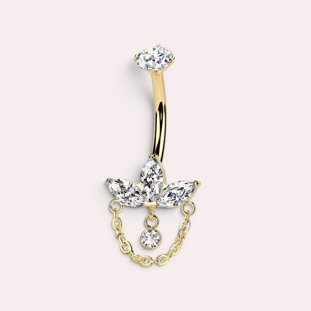 MKBodyJewelry 14g gold titanium belly ring with a floral marquise gem dangle chain and internally threaded barbell.
