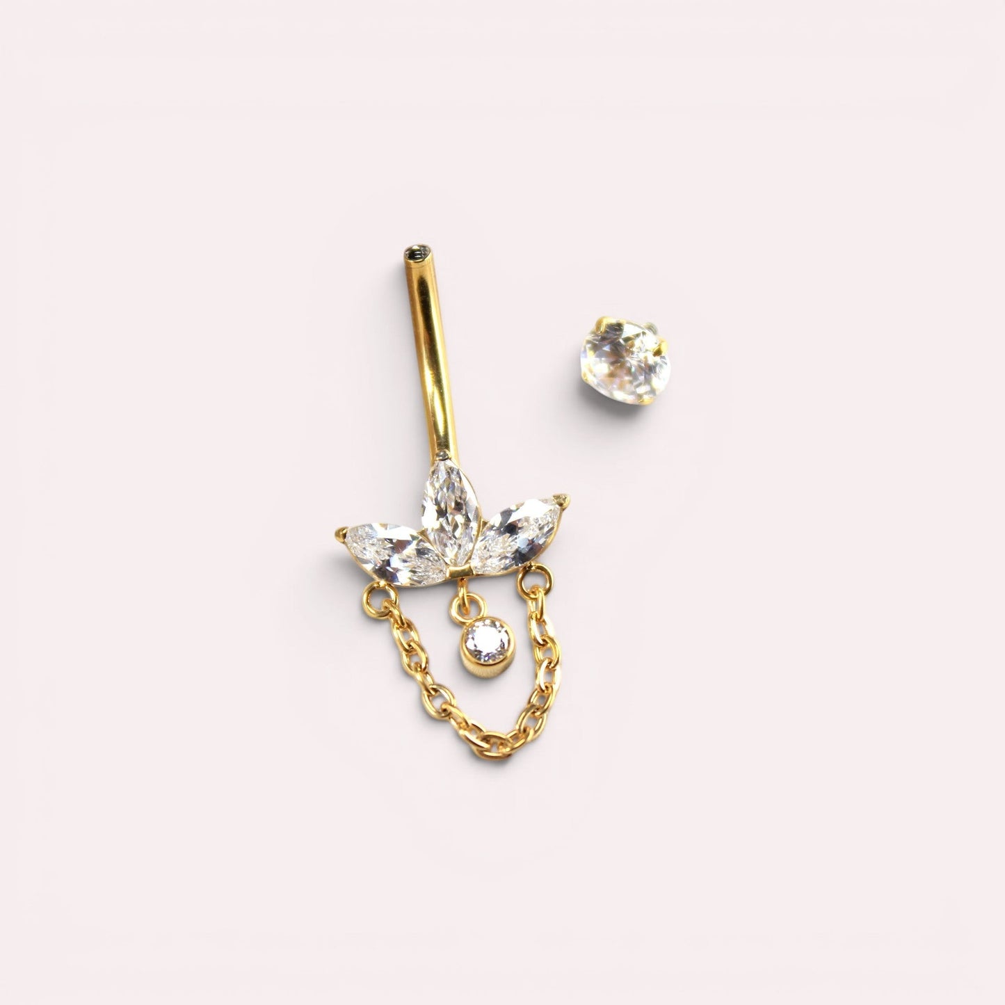 MKBodyJewelry 14g gold titanium belly ring with a floral marquise gem dangle chain and internally threaded barbell.