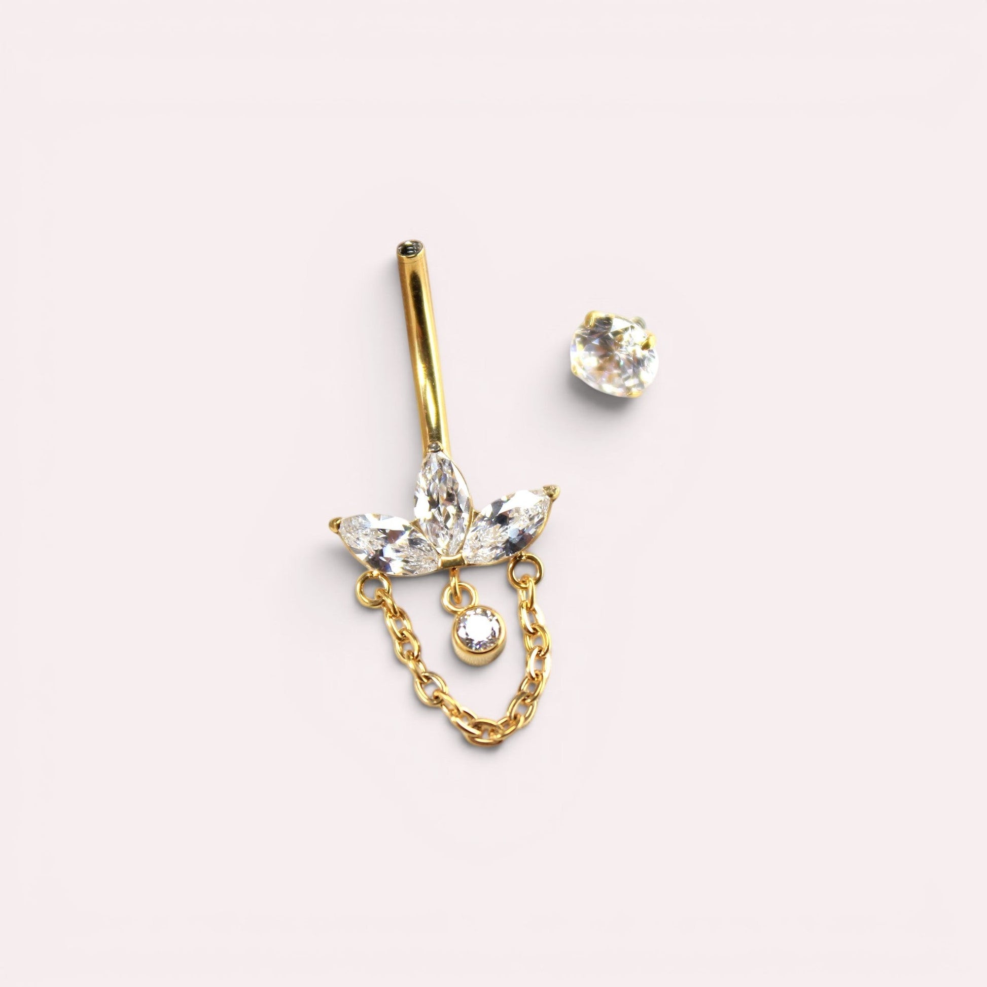 MKBodyJewelry 14g gold titanium belly ring with a floral marquise gem dangle chain and internally threaded barbell.