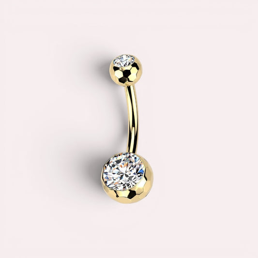 MKBodyJewelry 14g gold titanium belly button ring with a faceted honeycomb CZ setting for a minimalist look.