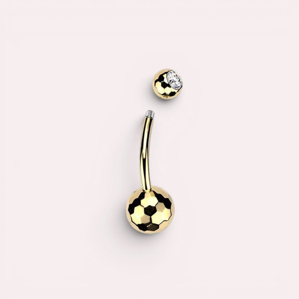 MKBodyJewelry 14g gold titanium belly button ring with a faceted honeycomb setting and sparkling CZ stone.