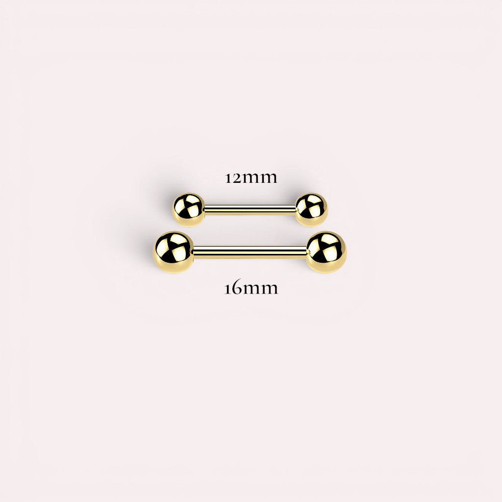 MKBodyJewelry gold titanium internally threaded nipple barbell, 14G, 1/2" or 5/8" length. Glossy finish.