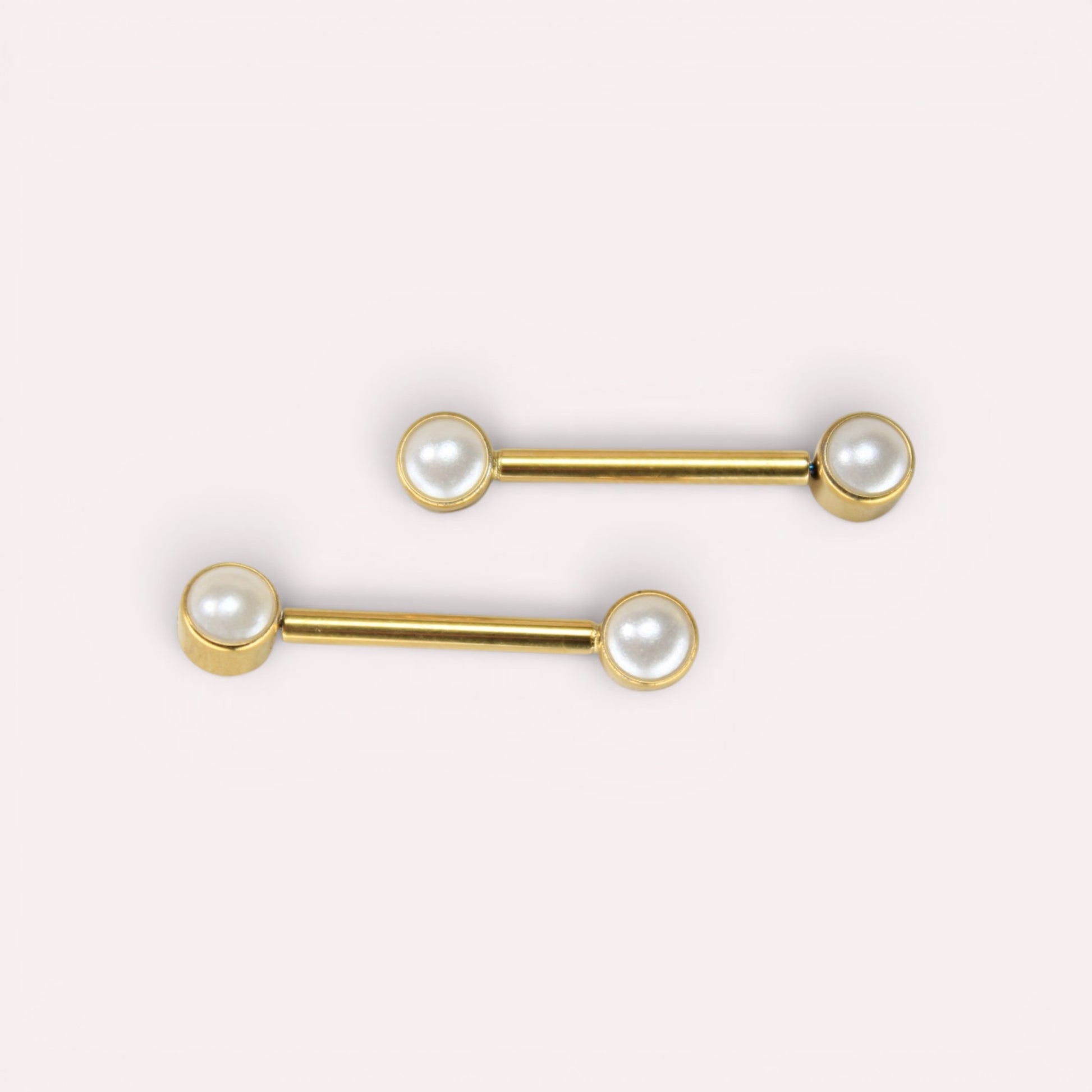 MKBodyJewelry 14g gold titanium threadless nipple barbells with 5mm pearl ends, hypoallergenic body jewelry set.