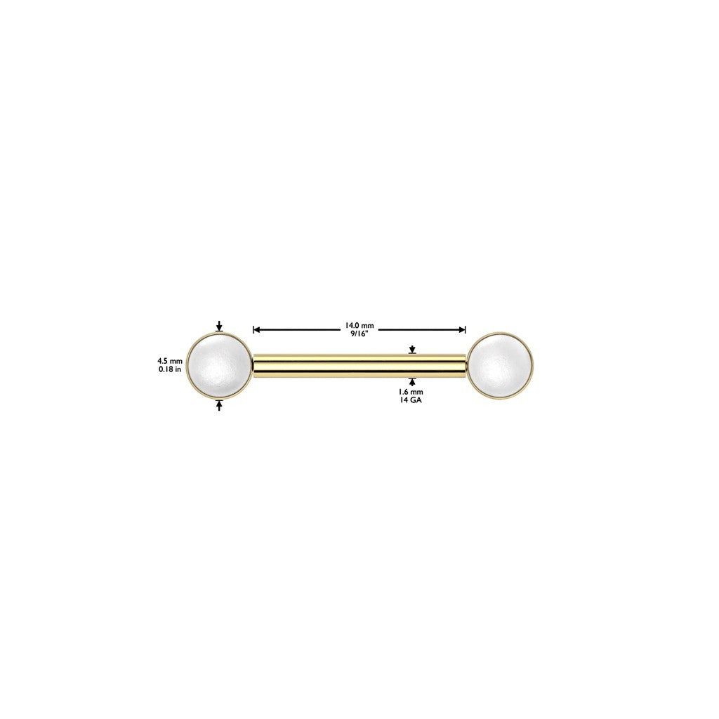 MKBodyJewelry 14g gold titanium threadless nipple barbell with 5mm pearl ends and technical measurement annotations
