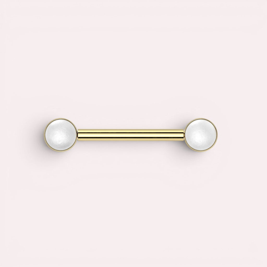 MKBodyJewelry 14g gold titanium threadless nipple barbell with 5mm pearl ends, hypoallergenic and nickel-free.