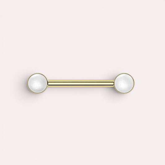MKBodyJewelry 14g gold titanium threadless nipple barbell with 5mm pearl ends, hypoallergenic and nickel-free.