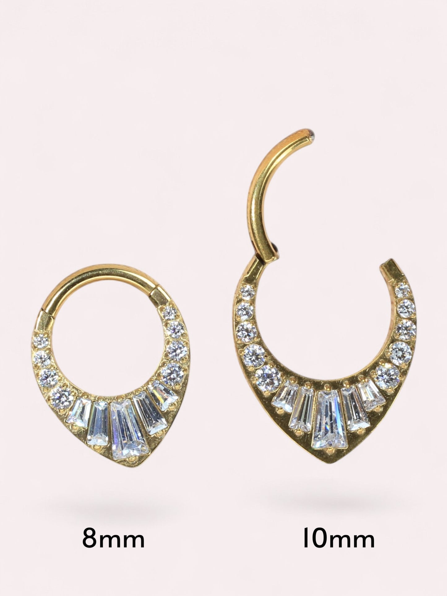 MKBodyJewelry gold titanium 16g septum clicker hoop with V-shaped baguette and round CZ gems. Available in 8mm and 10mm.