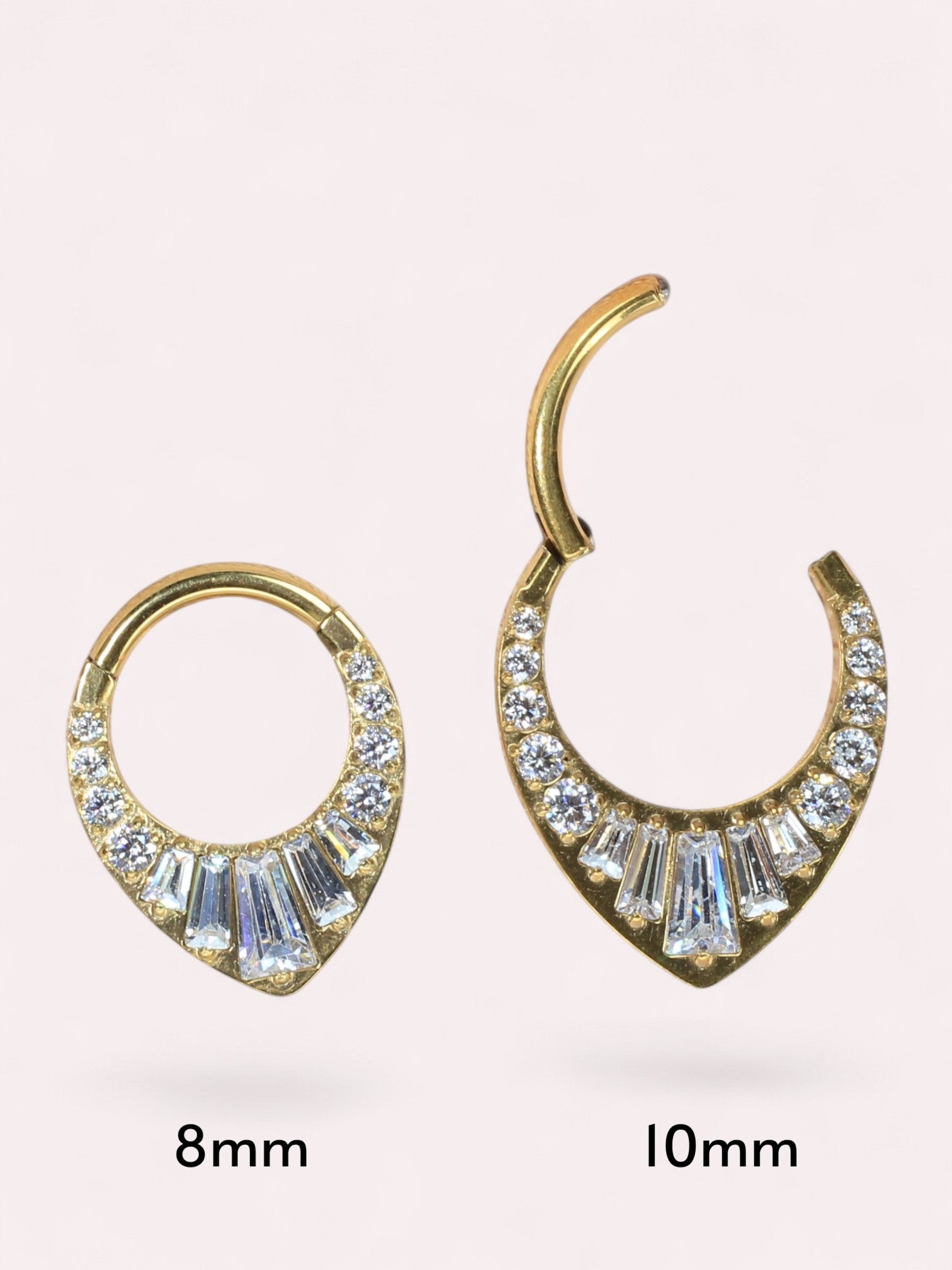 MKBodyJewelry gold titanium 16g septum clicker hoop with V-shaped baguette and round CZ gems. Available in 8mm and 10mm.